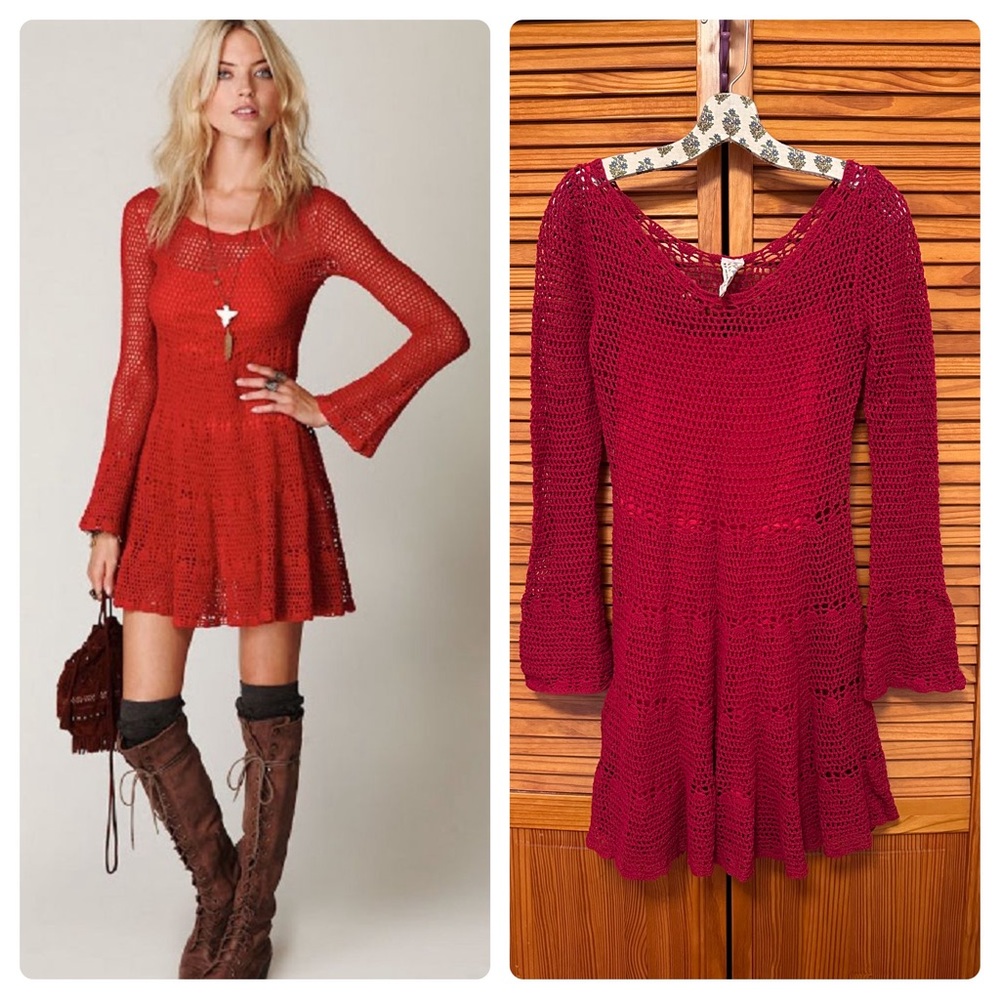 🌹🍎❤️Free People Red Crochet Bell Sleeve Mini Dress sz M
